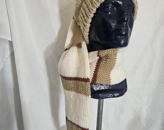 133-Striped Knit Stocking Hat Scarf.Buff, Tan & Rust Pom Pom