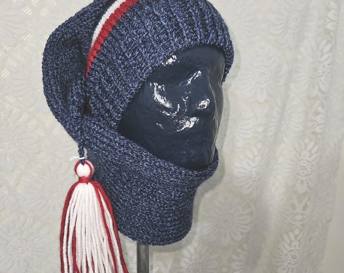 172-Long stocking hat with deep red white and Blueberry buckle. Matching tassel and 40"