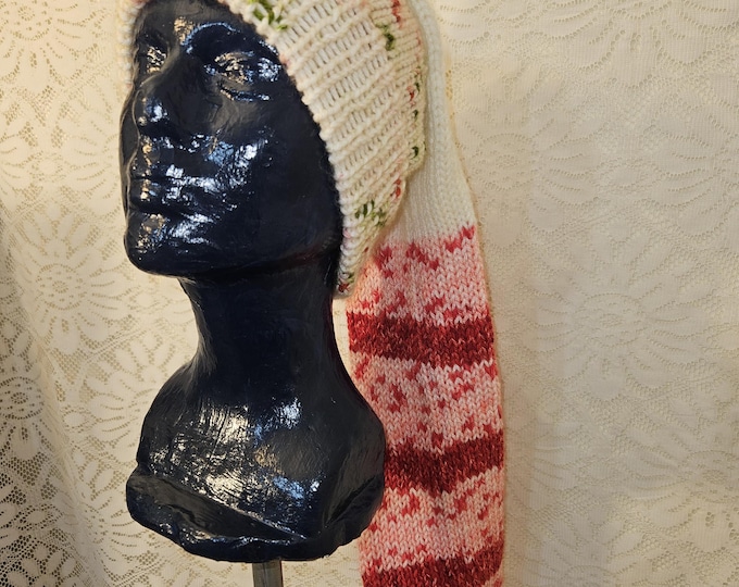 154-Ugly Long stocking hat kit Merry mingle ivory and peppermint ribbon matching tassel kit