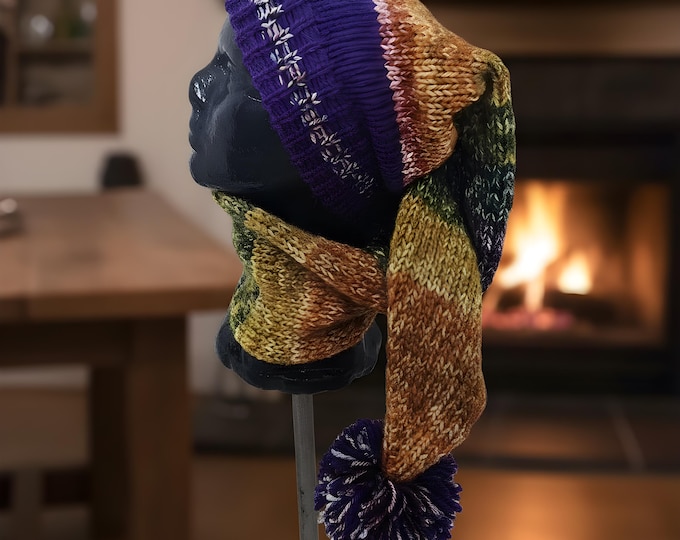 120-Long stocking hat purple and crayon box 45" with matching pompom