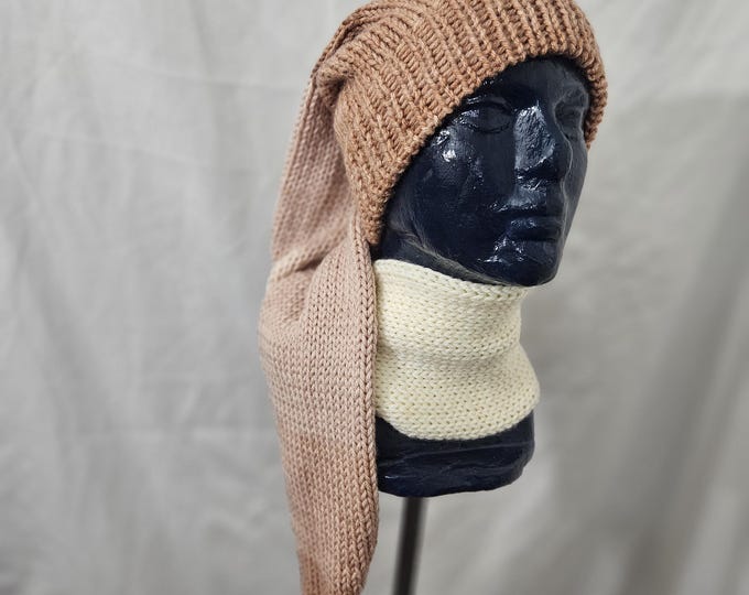 155-Extra Long Knit Stocking Hat: Sepia Acrylic Tassel Beanie