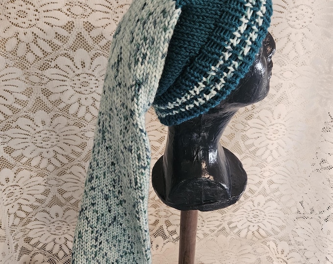 124-Dark Jade Knit Stocking Hat: 42" Acrylic Tassel Beanie