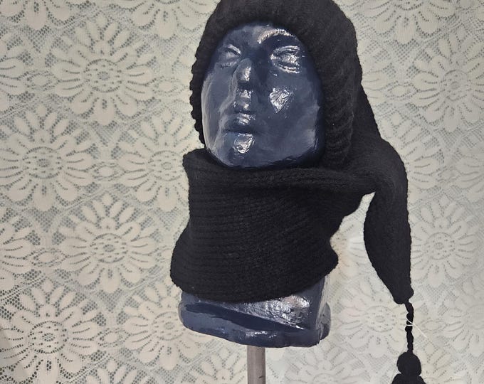 114-Long stocking hat main color solid Black and matching tassel 44"