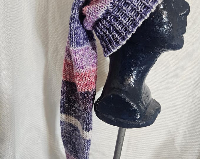 100- Long stocking Hat Grapey Purple and pinks with tassel