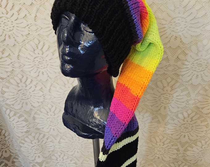 170-Extra Long Knitted Stocking Hat: Black with Bright Stripe, Glow-in-the-Dark Tassel (45")