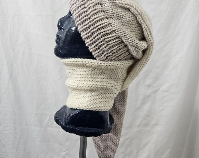 131-Carrara Marble Long Stocking Hat: Acrylic Knit Pom Pom Beanie