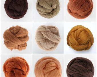 Könnte beinhalten: Neun Wollgarnknäuel in verschiedenen Brauntönen, Beige und Orange. Das Garn ist in einem 3x3-Raster angeordnet.