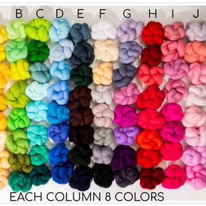 May include: A close-up of 80 small balls of yarn in 10 different colors arranged in 8 rows of 10 balls each. Each column represents a different color. The text "EACH COLUMN 8 COLORS" is printed below the balls of yarn.
