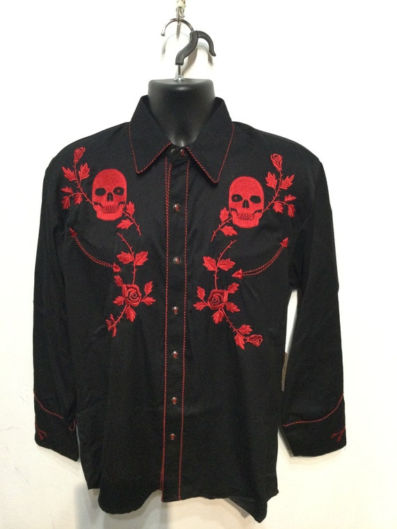 Vintage reproduction embroidered skull western sh… - image 6