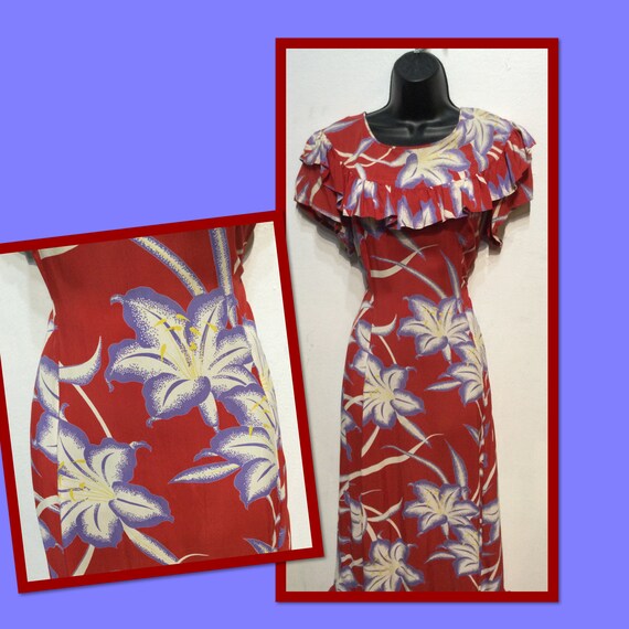 Vintage 1940s Hawaiian rayon Paka Muu dress. 32" w