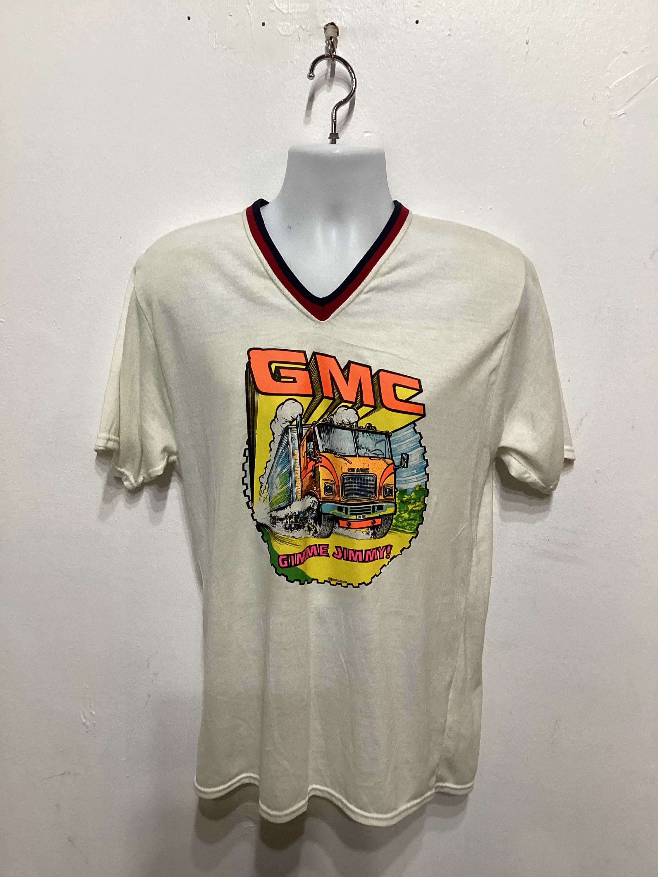 Vintage 1970s/80s GMC- Gimme Jimmy! Decal V-neck Tee. Size Large 