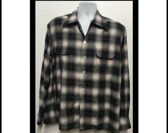 1950s vintage reproduction Hollywood Rogue rayon blend shadow plaid shirt.