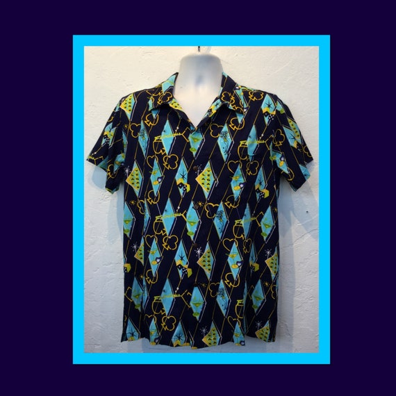 1950s style rayon atomic print shirt.