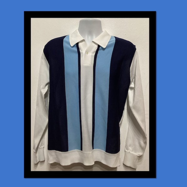 Vintage 1960s/70s tri tone long sleeve banlon knit shirt by Martini. Size large
