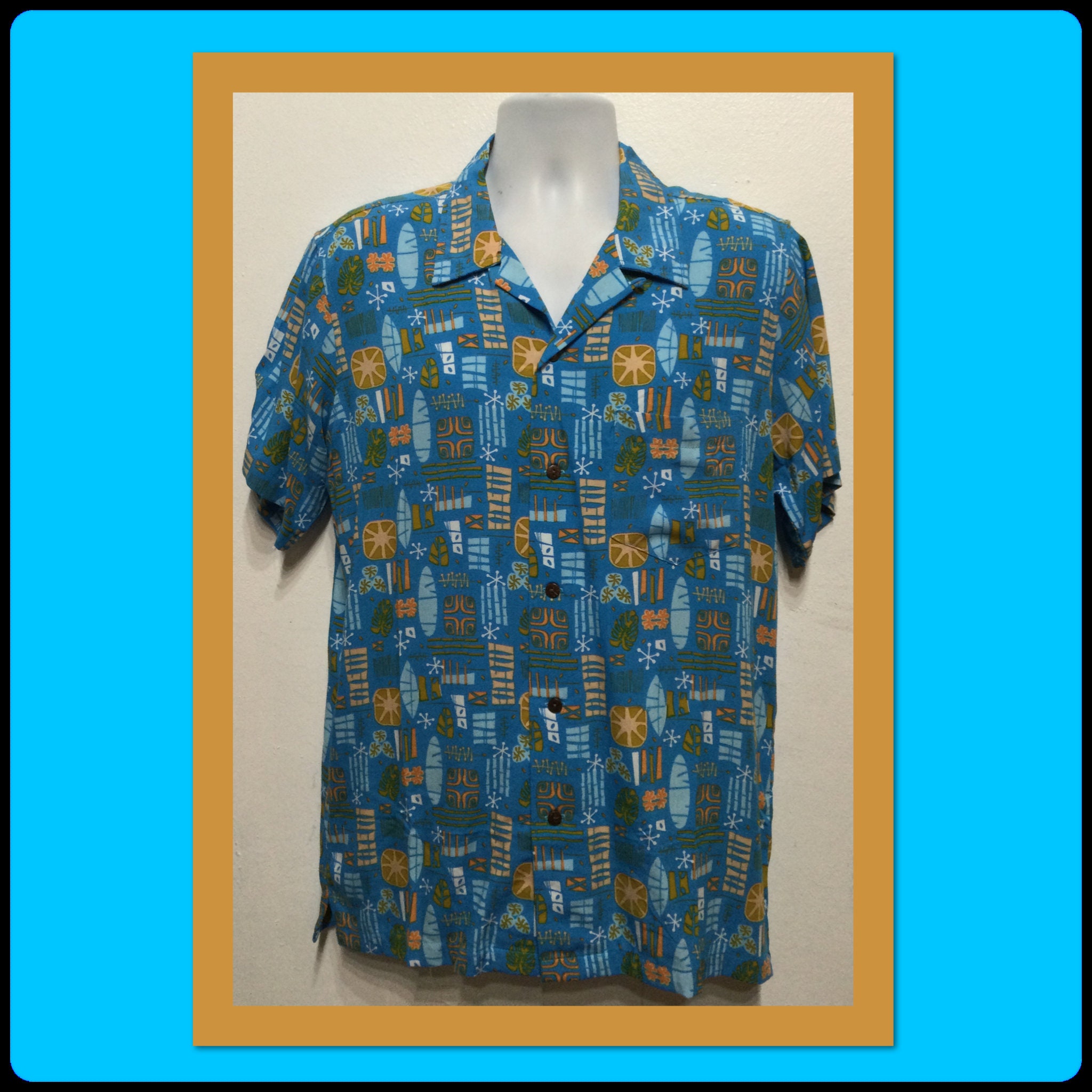 AT018 Americana 1950s Style Rayon Atomic / Tiki Print Shirt