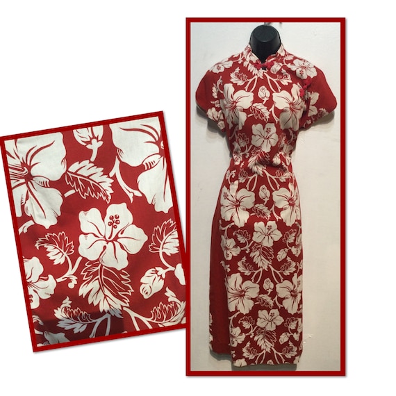 Vintage 1950s cotton hawaiian print Asian dress 32