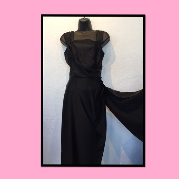 Vintage 1950s “Rare” black satin sarong dress