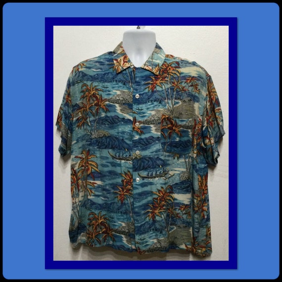 1980’S HUTSPAH MADE IN USA RAYON PALM TREES HAWAIIAN S/S SHIRT SMALL