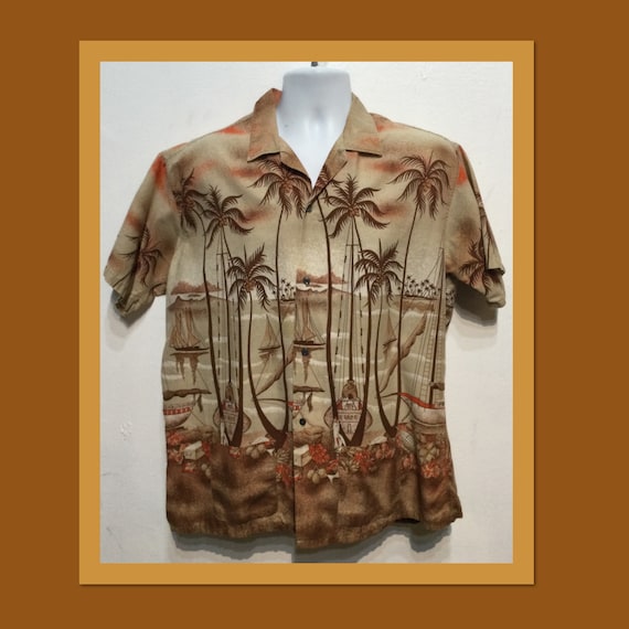 Vintage 1950s boarder print Hawaiian shirt.