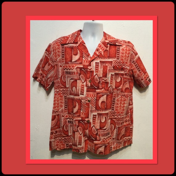 Vintage 1950s cotton abstract tiki design hawaiian