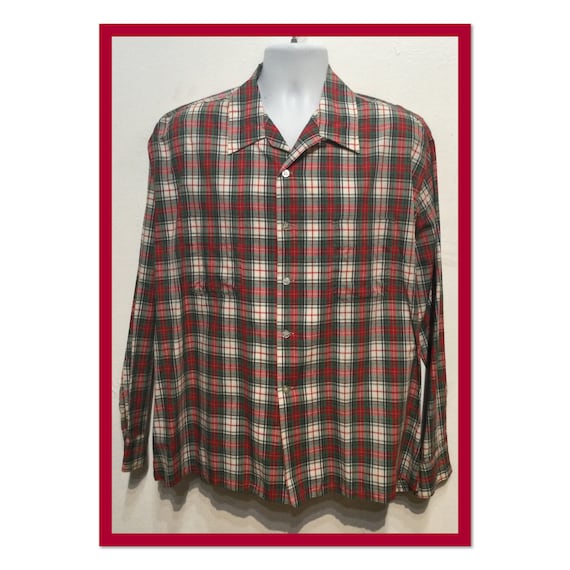 Vintage 1950s cotton plaid loop collar shirt size… - image 1