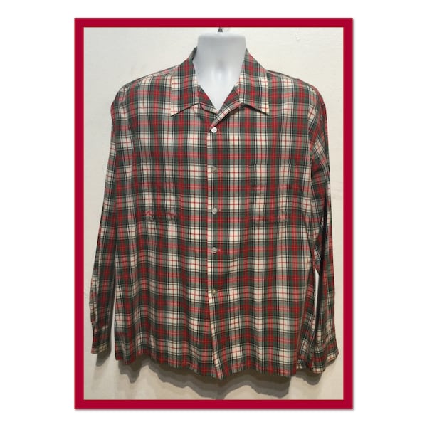 Vintage 1950s cotton plaid loop collar shirt size X large 17-17 1/2.