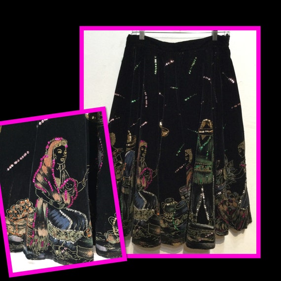 Vintage 1950s velvet sequin fiesta circle skirt 30