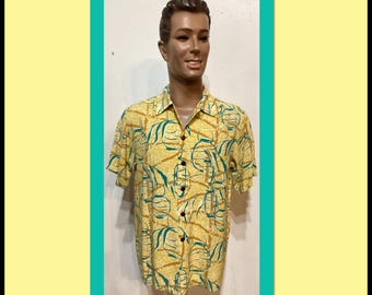 Chemise hawaïenne vintage en rayonne HS438 des années 1940/50, fabriquée à Hawaï. Taille moyenne/grande