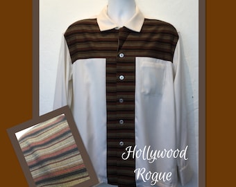 1950s vintage reproduction Hollywood Rogue brown stripe panel rayon shirt. Only 3 made !