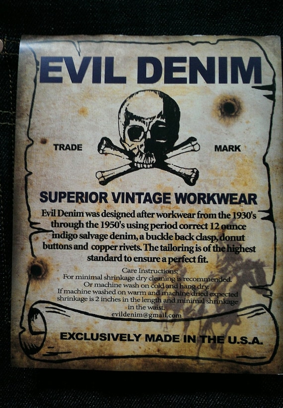Superior 1930's VINTAGE REPRODUCTION Buckle Back Jeans by Evil Denim  Available in 30,w 32w 34w 36w 38w 40w 42w 44w 46w Waist -  Canada