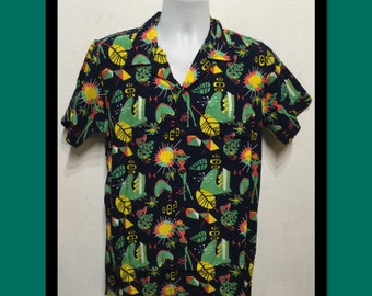Americana 1950s style rayon atomic print "Tiki / Hawaiian" shirt by Atomik Tiki!!