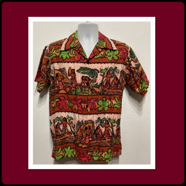 Vintage 1960s/70s bark cloth cotton hawaiian shirt by HRH. Size medium