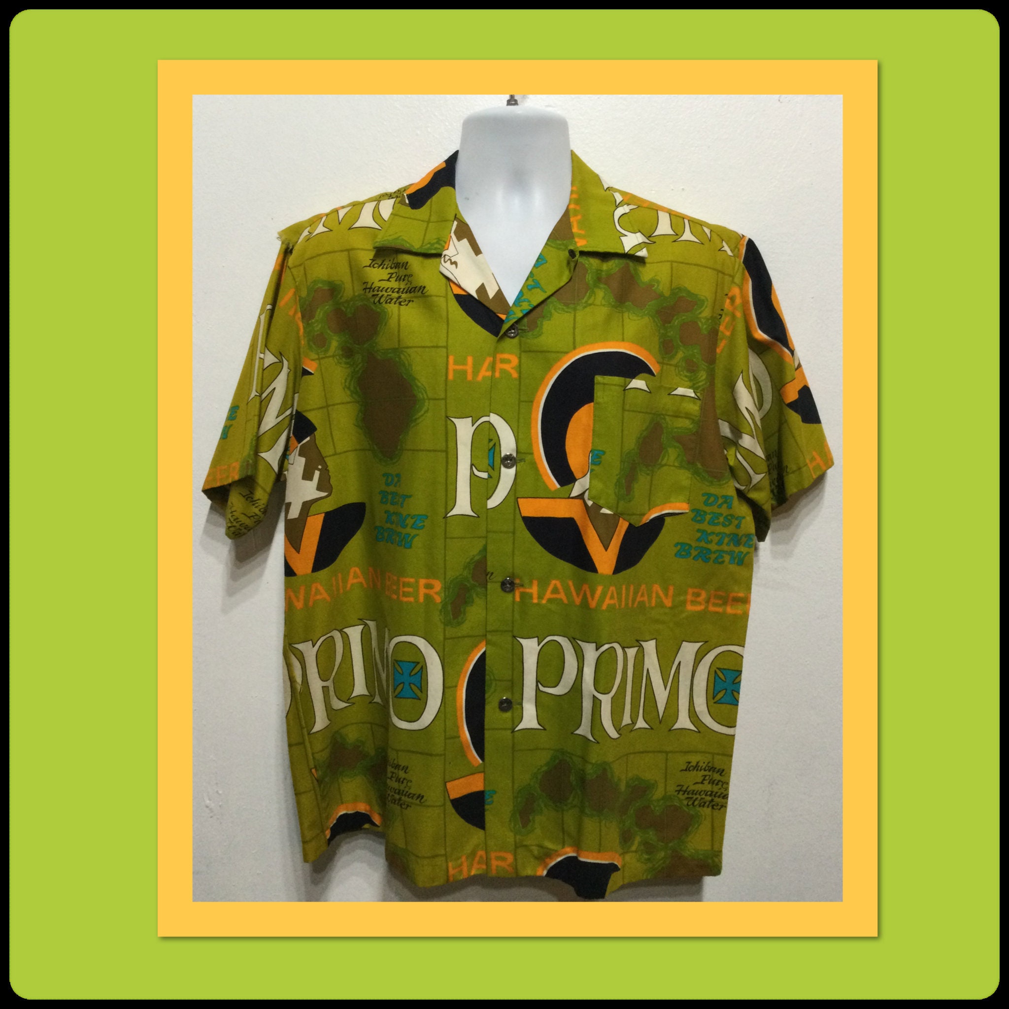 トップス 70s Ui-Maikai Primo Beer Hawaiian shirt Vintage Hawaiian Primo Beer Blue Cotton Aloha Shirt by Ui