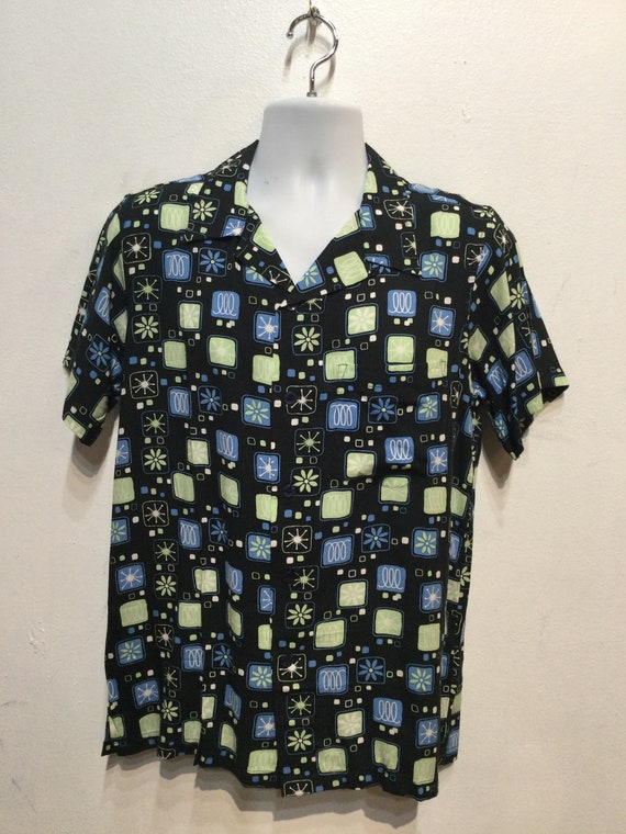 50s rayon shirt atomic 絣 AT020 Americana 1950's Style Rayon Atomic / Tiki Print Shirt
