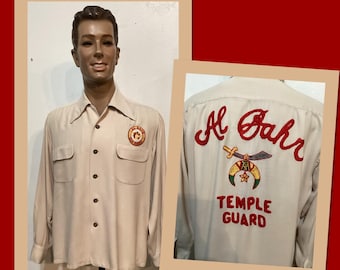MV289 Camisa de bolos vintage de rayón "Shriner" de los años 40/50 de Cohama. Talla grande.