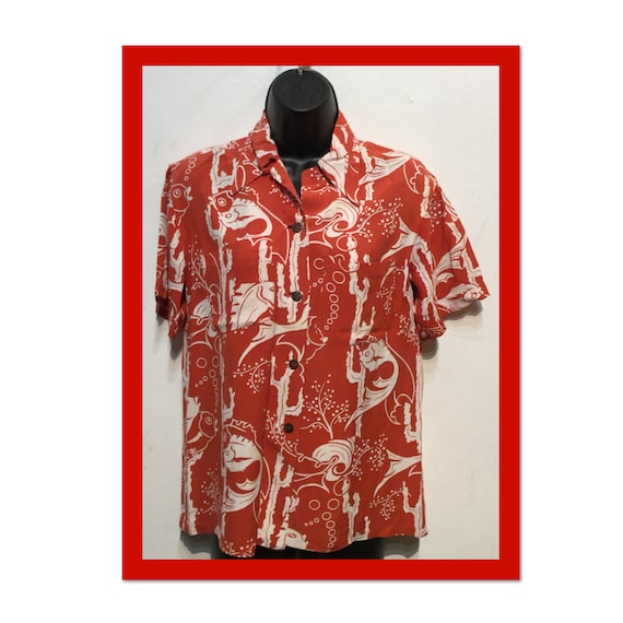 Women's vintage 1940s rayon fish print Hawaiian sh