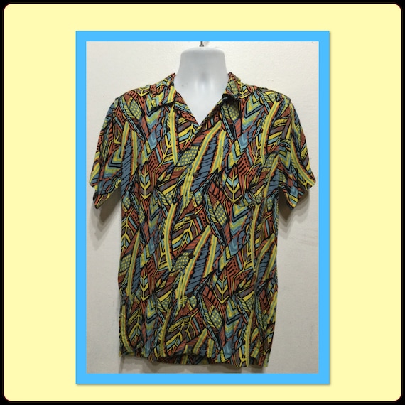 Americana 1950s style rayon atomic / tiki print s… - image 1