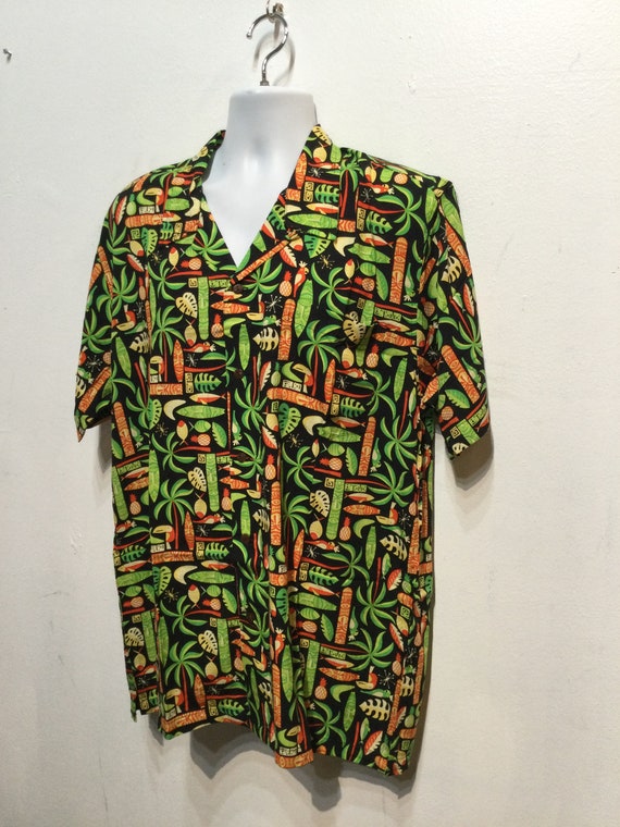 50s rayon shirt atomic 絣 AT014 Americana 1950s Style Rayon Atomic / Tiki Print Shirt