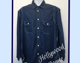 1930s vintage reproduction Hollywood Rogue chin strap indigo work shirt