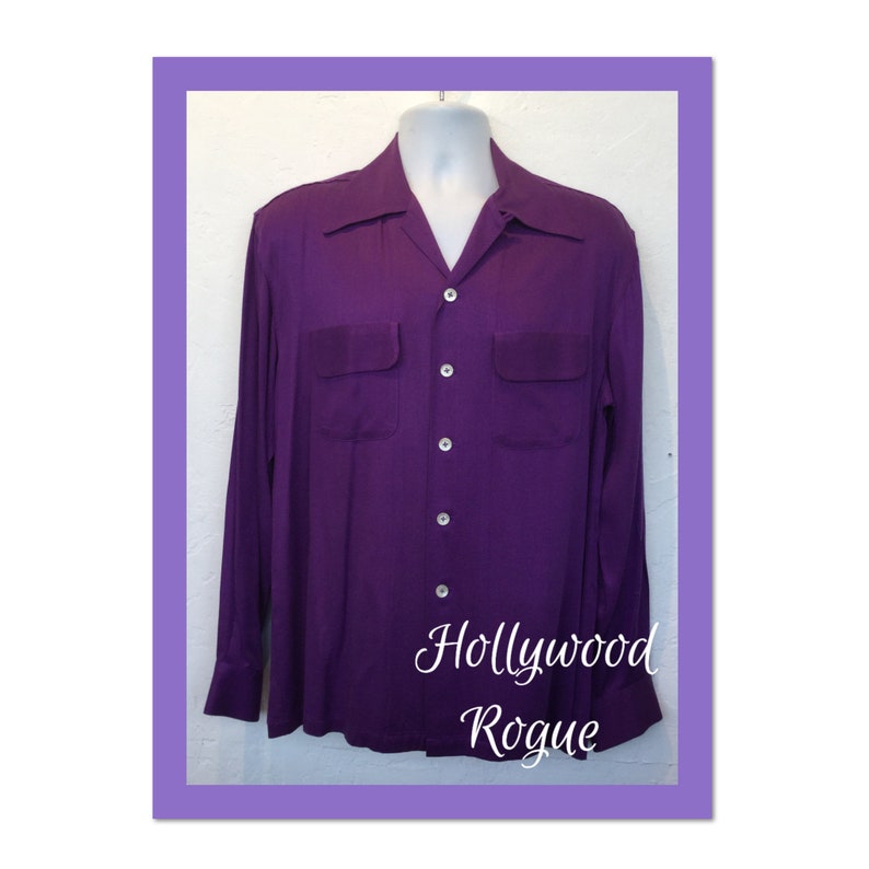 Available in X large 1950s vintage reproduction Hollywood Rogue purple rayon gabardine shirt