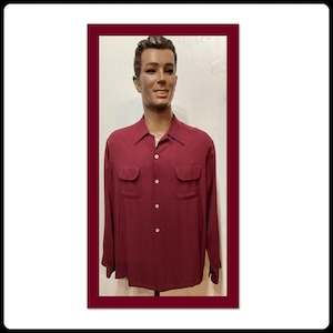 MV020 Vintage 1950's Burgundy Rayon Gabardine Shirt. Size X Large