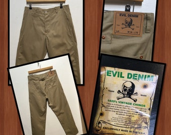 1920s vintage reproduction chinos by Evil Denim   Available in sizes 30" to 42" waist. Back in Stock !!!