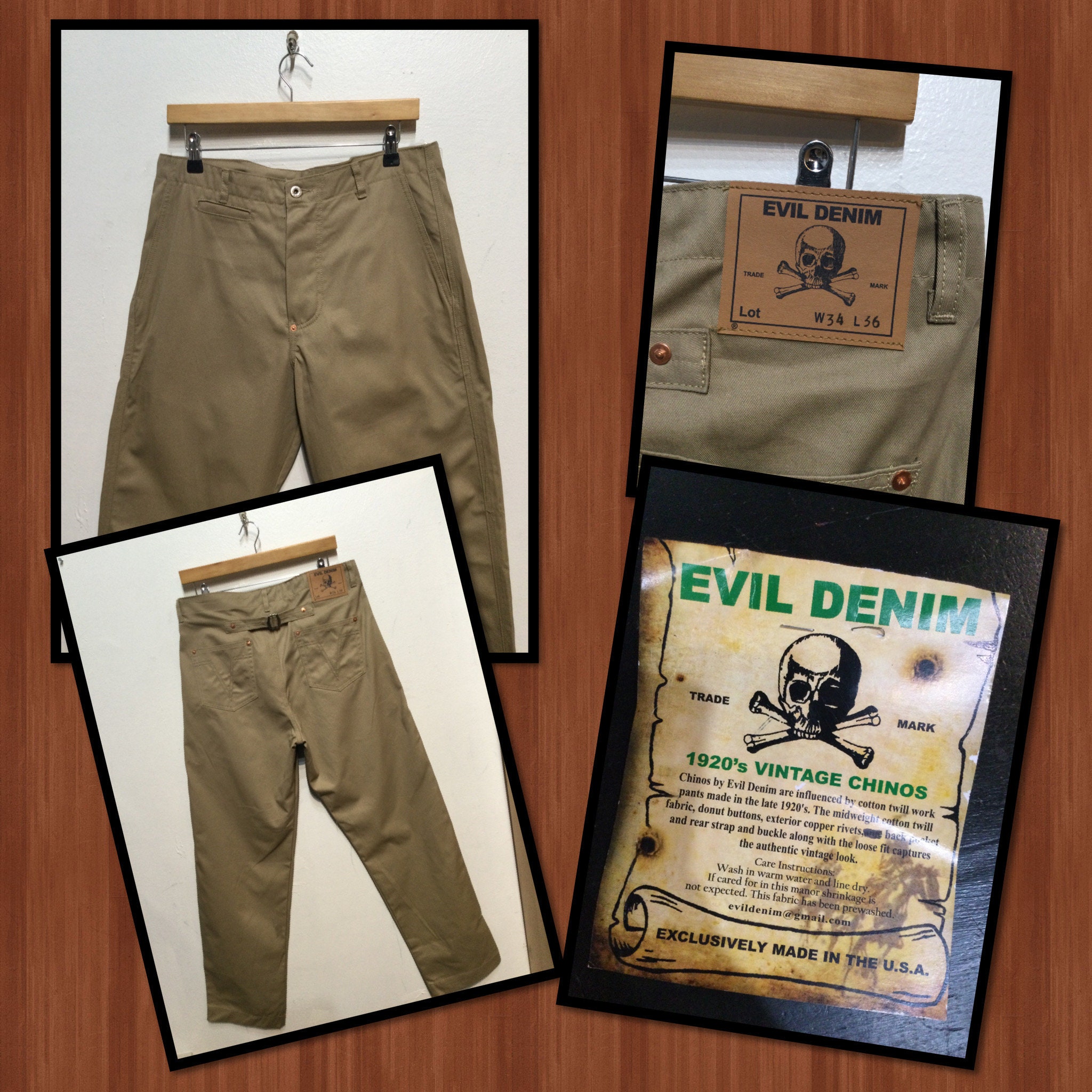 1920s Vintage Reproduction Chinos by Evil Denim Available in Sizes 30 to 42  Waist. Back in Stock 