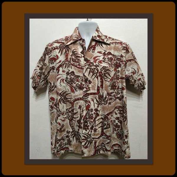 Vintage "ongedragen" katoenen Hawaiishirt uit de jaren 50 van Hana-Maui Shop. Maat medium