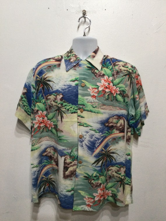 Chemise Hawaïenne Vintage Années 40 - Coton - Col Pointu - Taille M - Bleu