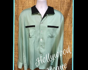 1950s vintage reproduction Hollywood Rogue two tone mint and black shirt. Currently available in sizes  small, medium & X large