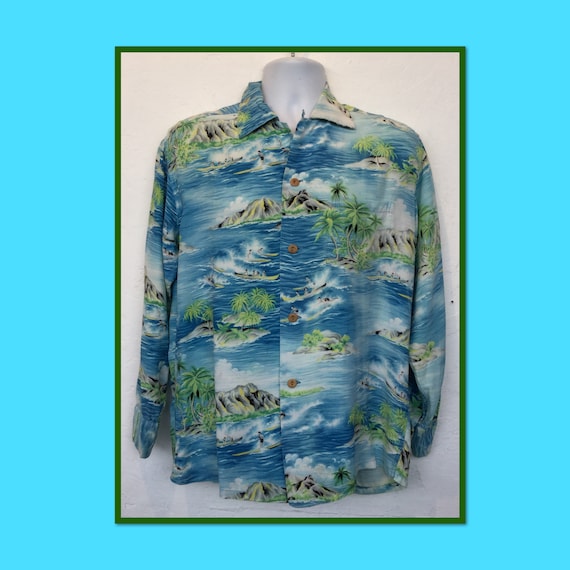 Vintage 1940s/50s rayon long sleeve Hawaiian shirt