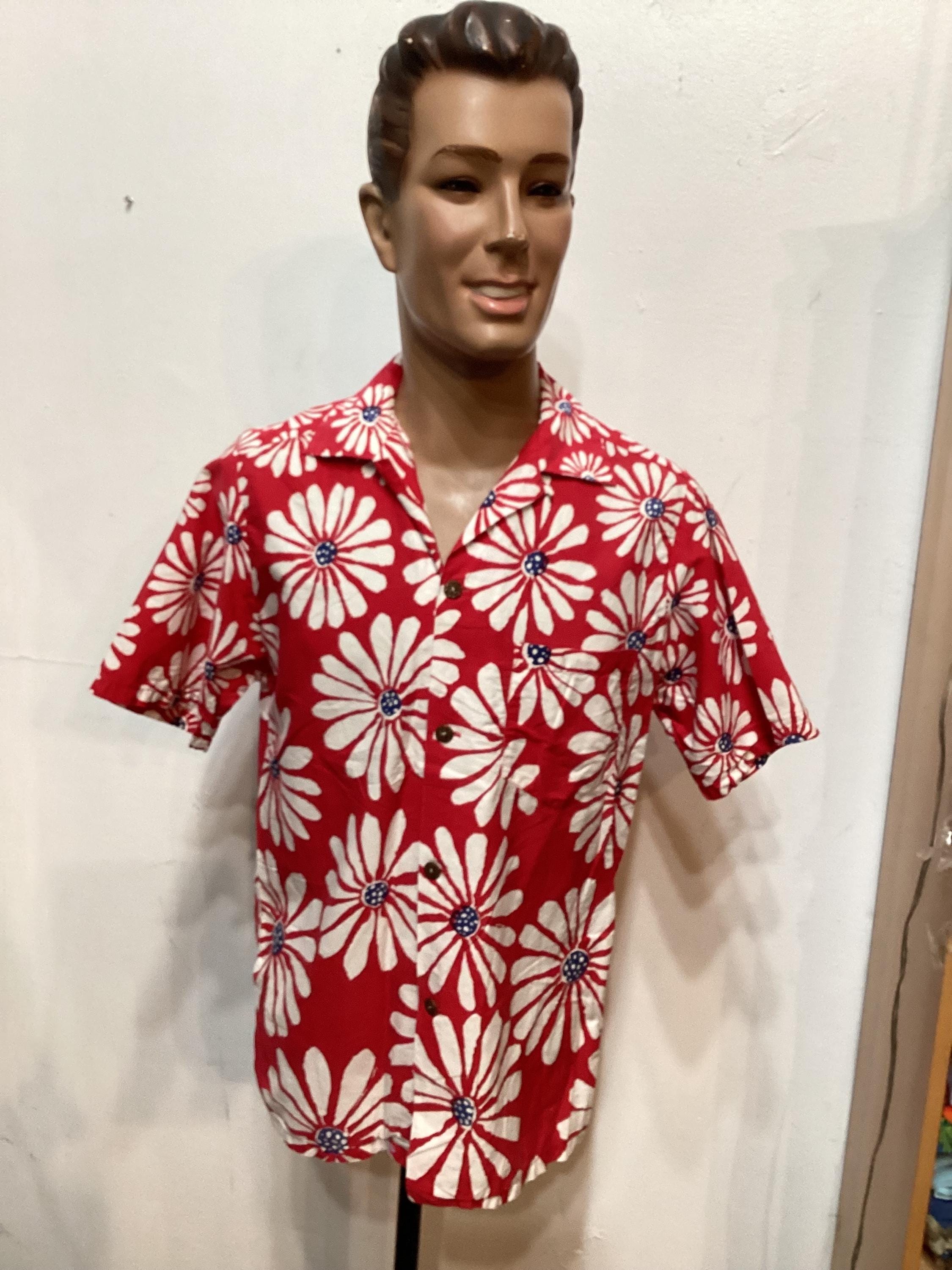 HS041 Vintage 1950's Cotton Abstract Daisy Print Hawaiian