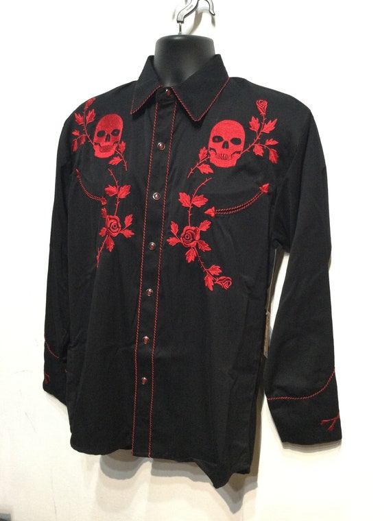 Vintage reproduction embroidered skull western sh… - image 3