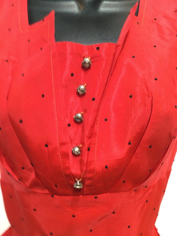 Vintage 1950s red acetate dress with polka dot ve… - image 7
